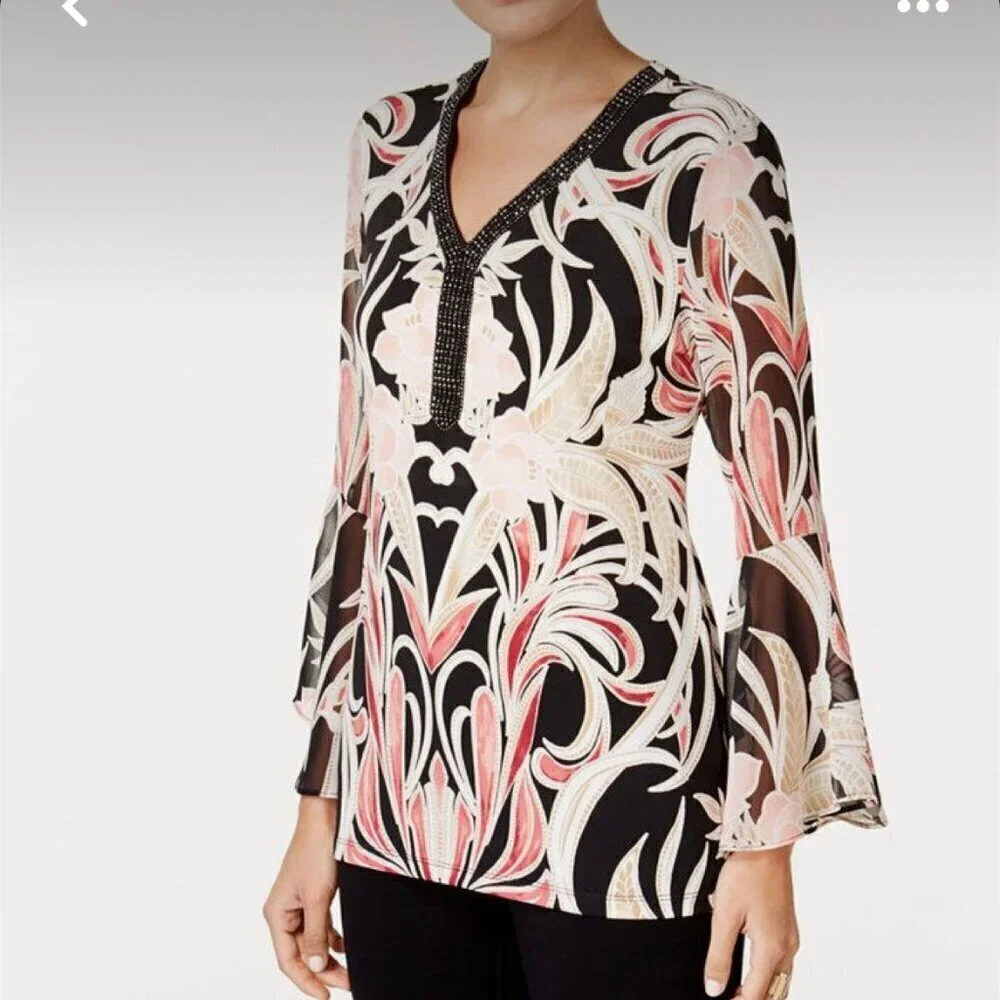JM Collection Embellished Y-neck tunic with bell sleeves, Size Medium